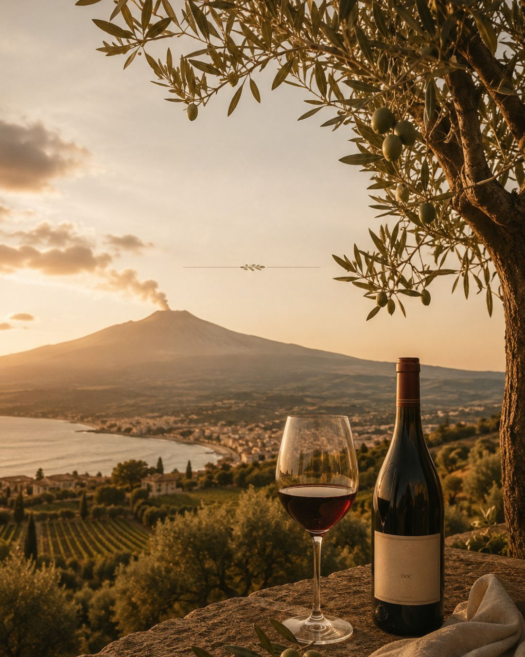 Copa de vino frente a viñedos y el volcán Etna al atardecer