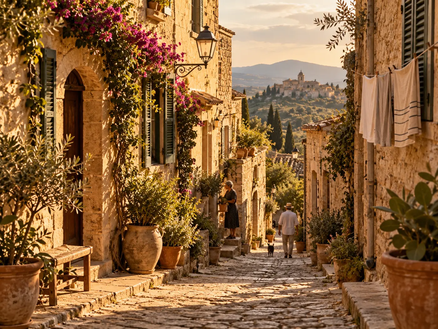 Calle de piedra en un pueblo mediterráneo con macetas, flores y vecinos caminando al atardecer