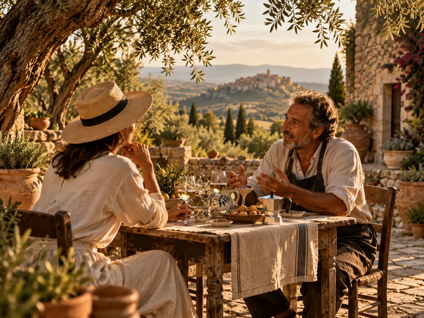 Una viajera conversa con un productor local en una mesa al aire libre, con un pueblo en la colina al fondo