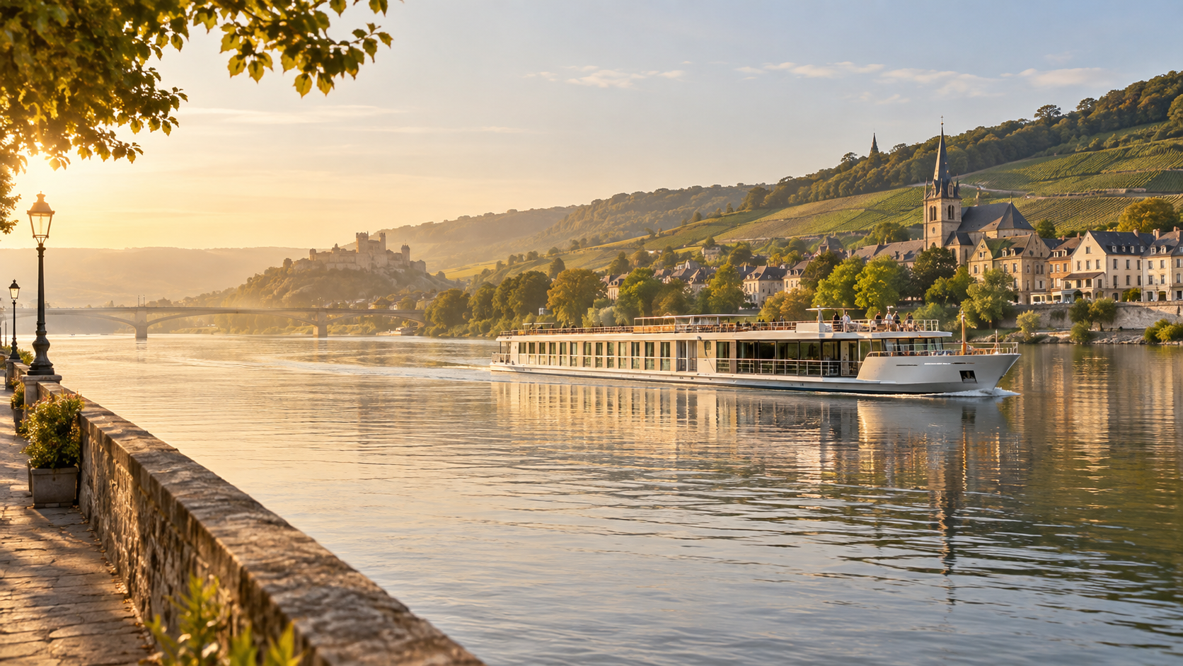 Crucero fluvial navegando al atardecer junto a un pueblo ribereño y viñedos en colinas