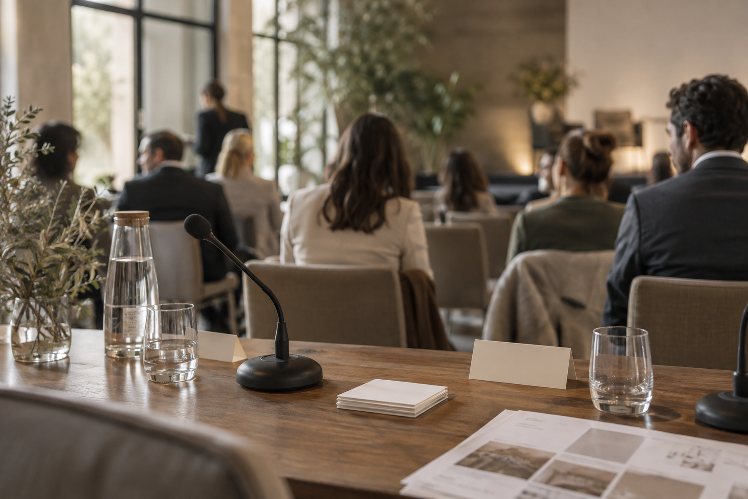 Sala de conferencias con mesa de oradores y asistentes en atuendo de negocios