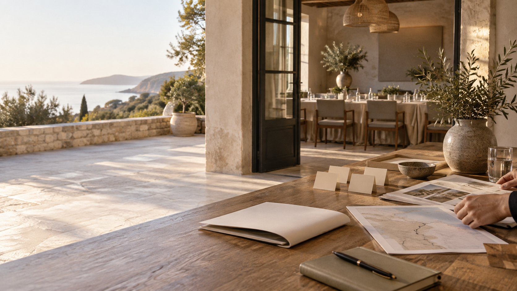 Terraza mediterránea soleada con vista al mar, junto a un salón de eventos preparado al fondo