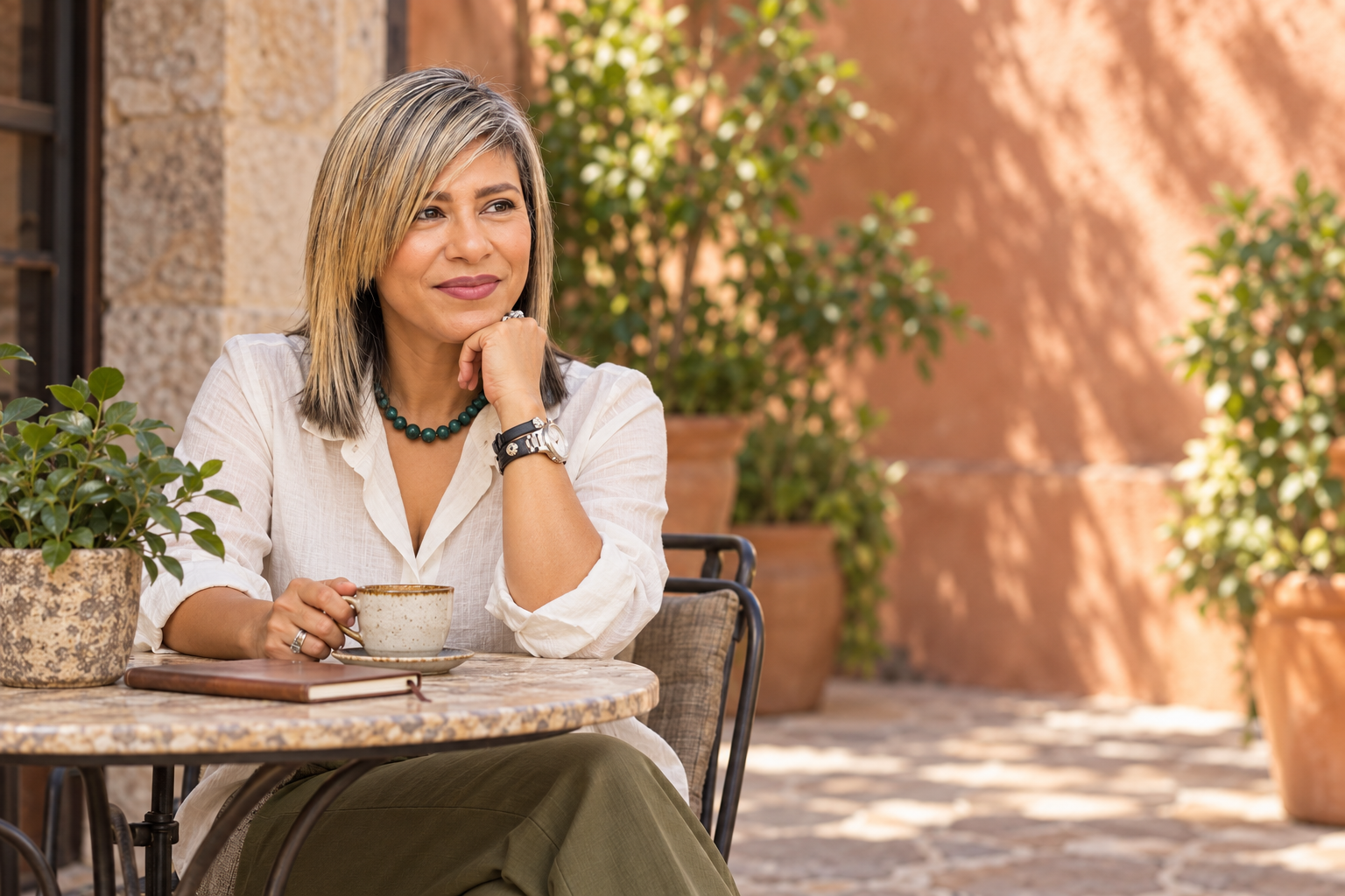 Yfigenia Moreno sentada en una terraza mediterránea, con un café y un cuaderno, mirando hacia el horizonte