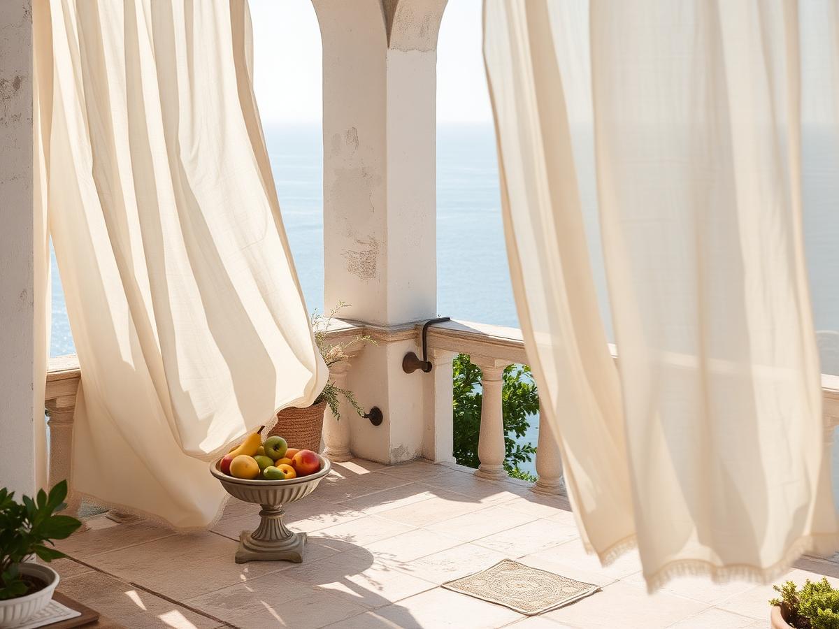 Terraza mediterránea con cortinas de lino y vista al mar