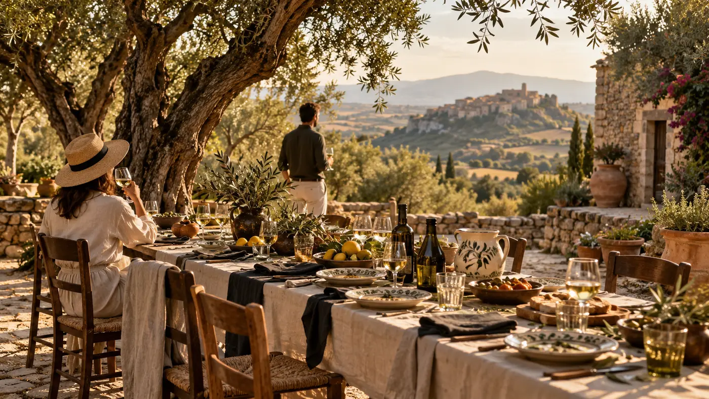 Mesa servida bajo olivos centenarios con vista a un pueblo en lo alto de una colina mediterránea