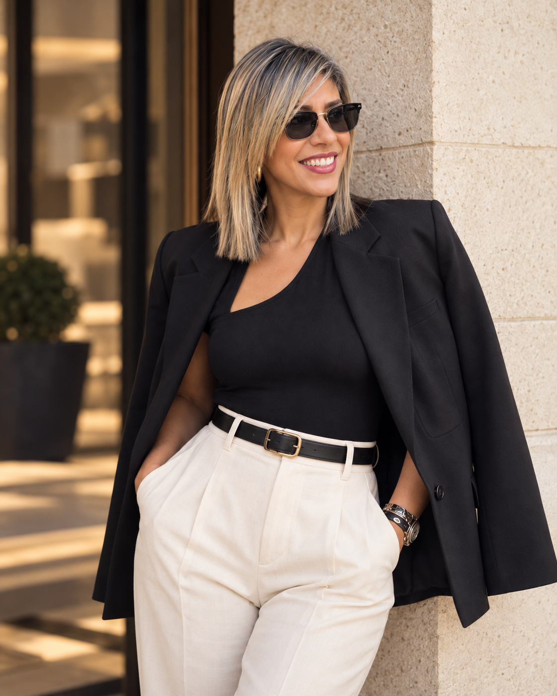 Yfigenia Moreno de pie con blazer y gafas de sol negras, apoyada en una columna de piedra